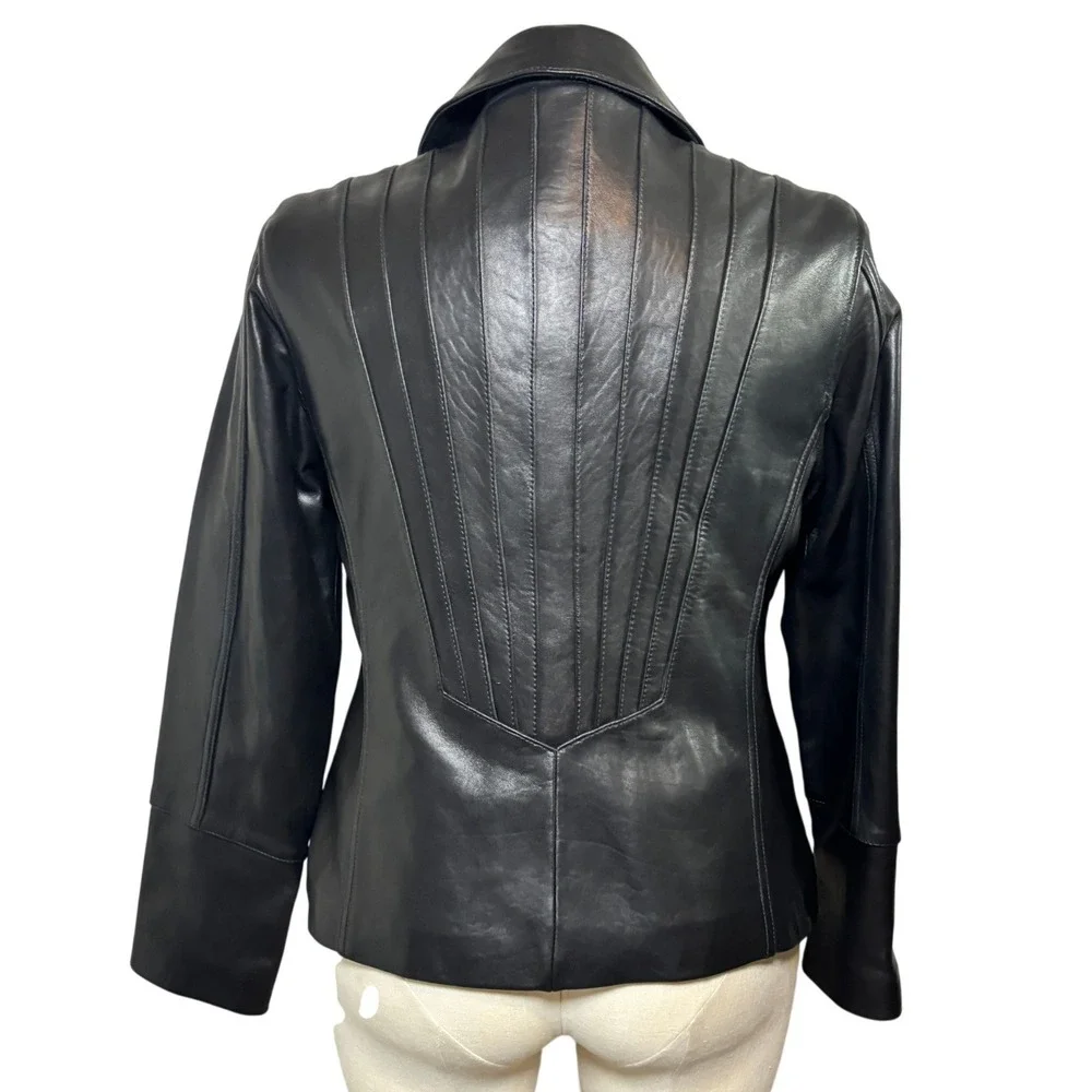 Avanti New York Womens Black Genuine Leather Zip Up Pintuck Pleated Jacket Large
